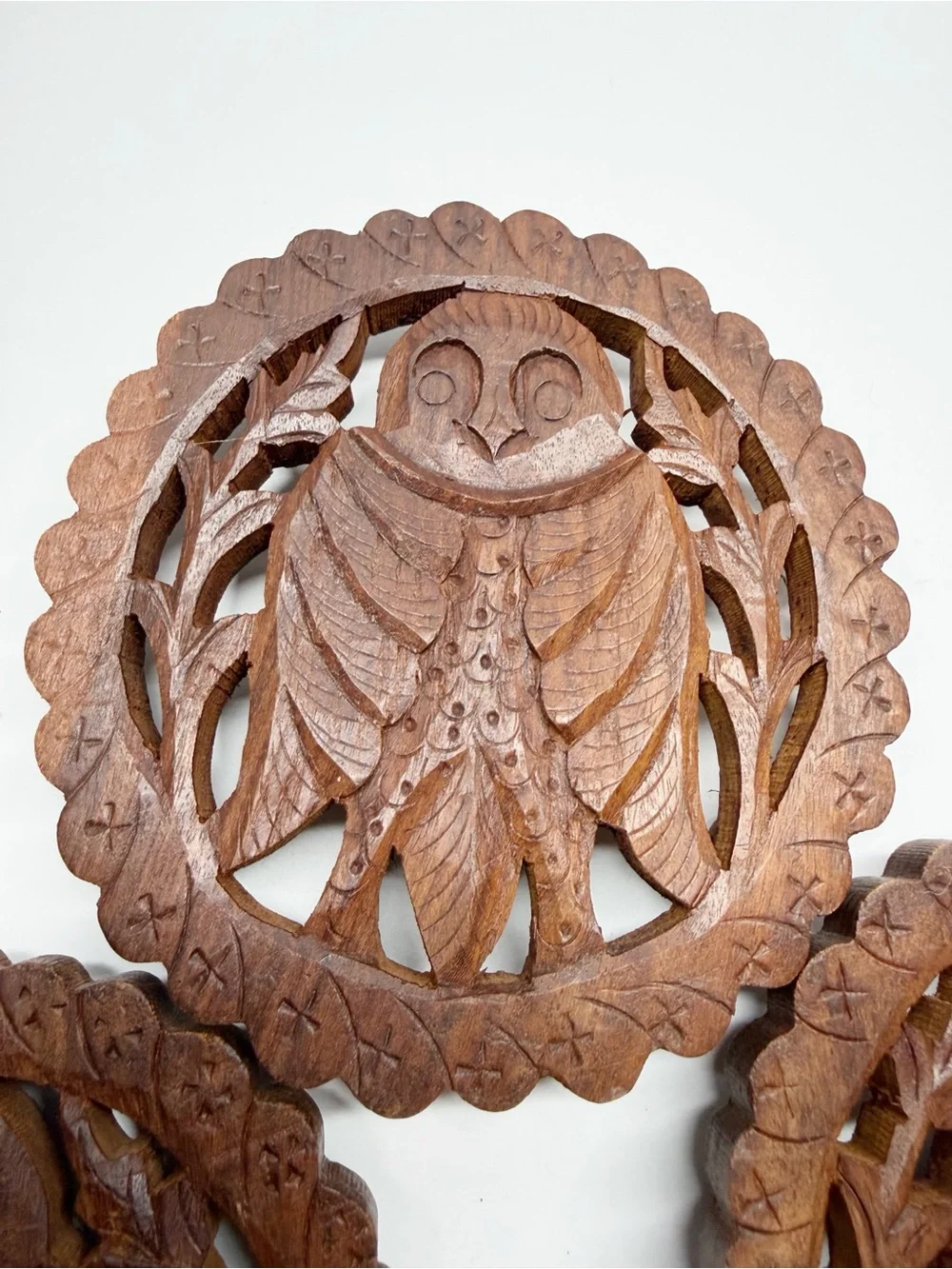 Vintage Hand Carved Wood Owl Trivets Coasters Set of 3